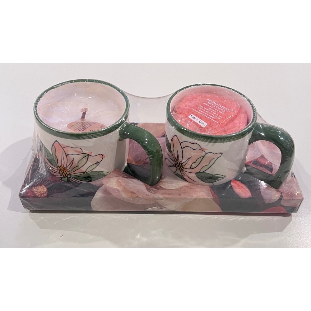 Once Upon a Rose 2 Mug Gift Set Floral Spa Vanilla Candle Peach Bath Salts